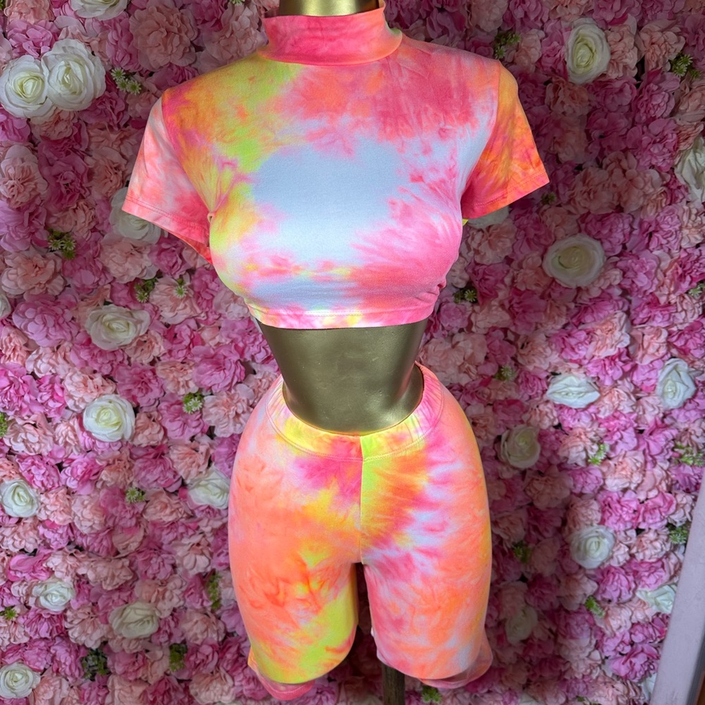 Vibrant Tie-Dye Crop Top Biker Short Set